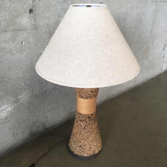 Mid Century Modern Danish Cork & Rope Table Lamp with Linen Shade