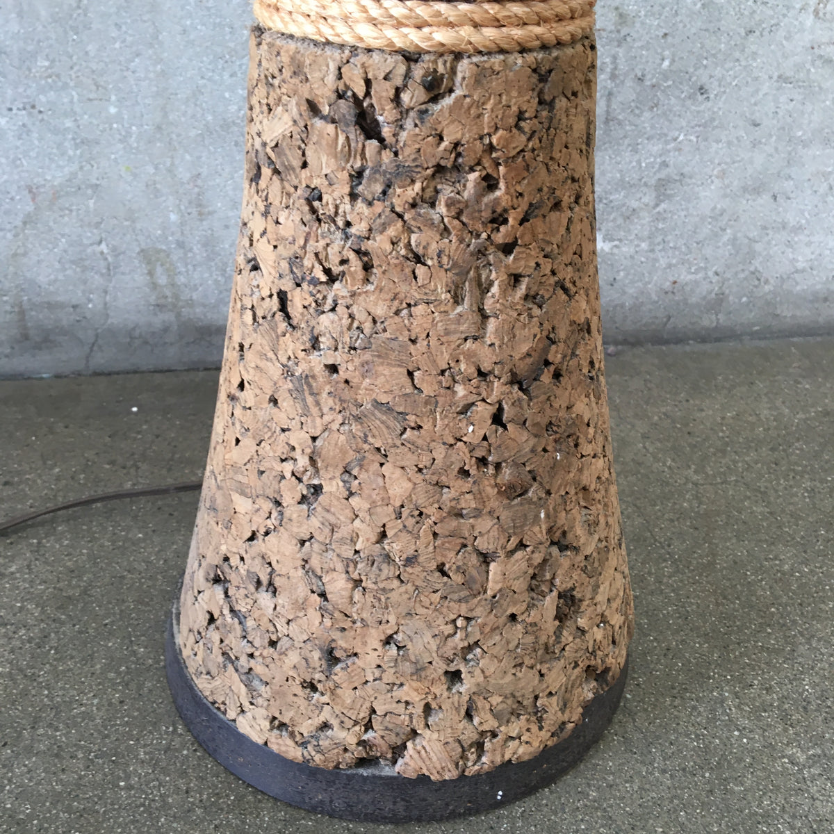 Mid Century Modern Danish Cork & Rope Table Lamp with Linen Shade