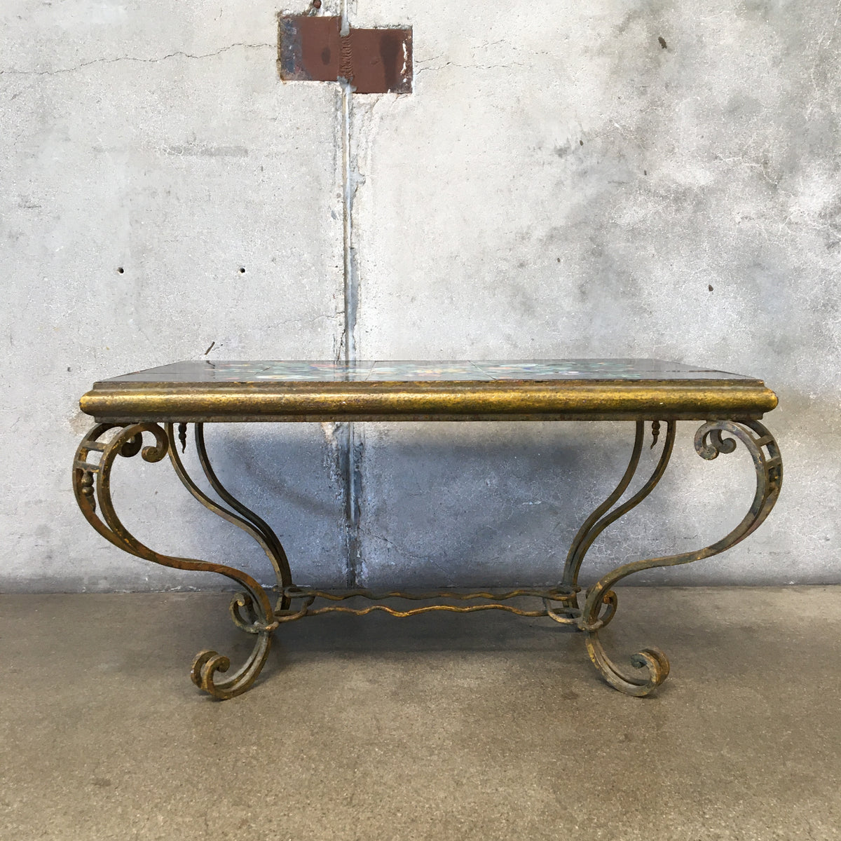 Antique Circa 1920 Wrought Iron Coffee Table With Signed Hand Painted Tile Top