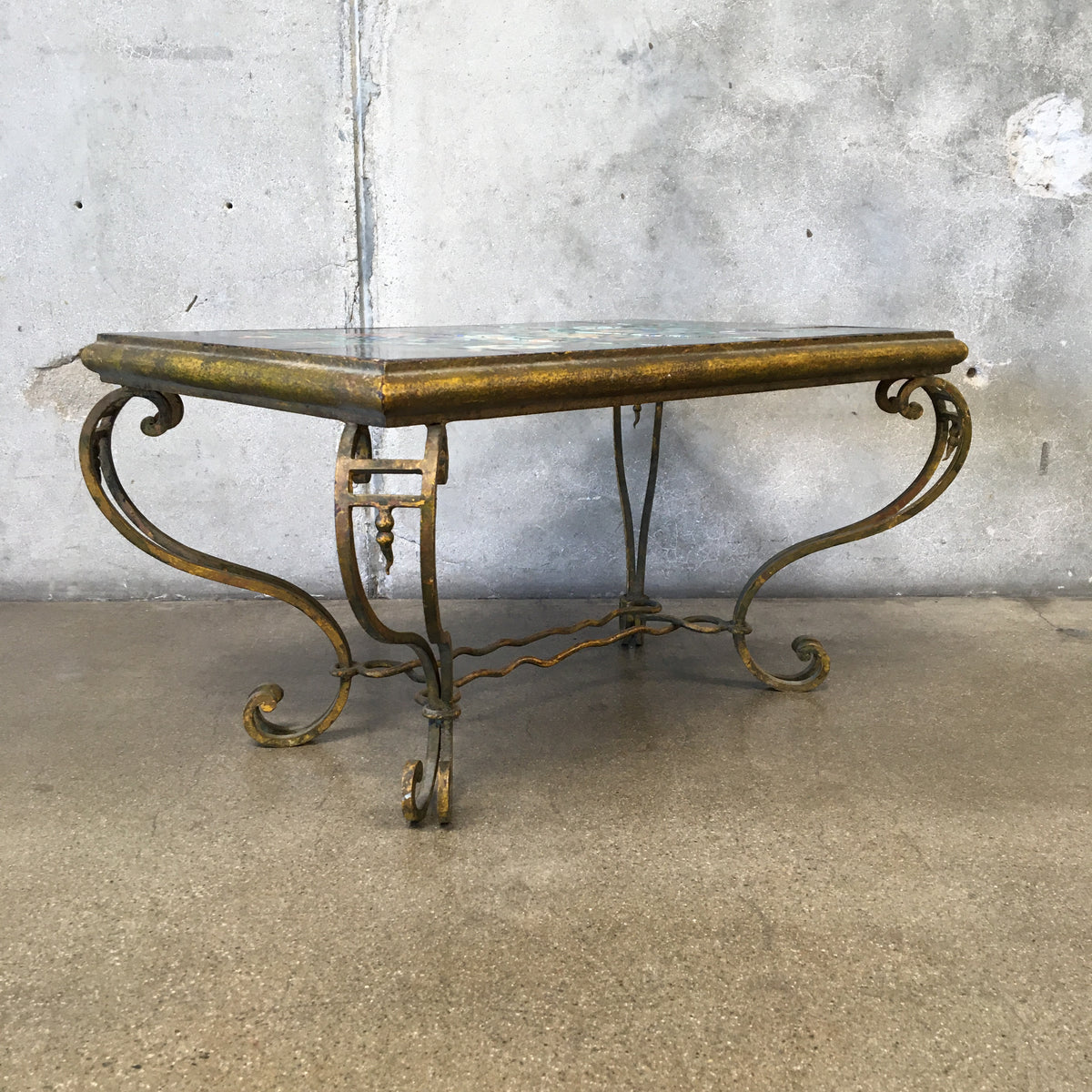 Antique Circa 1920 Wrought Iron Coffee Table With Signed Hand Painted Tile Top