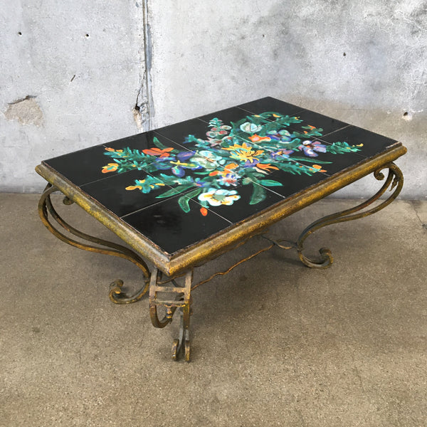 Antique Circa 1920 Wrought Iron Coffee Table With Signed Hand Painted Tile Top
