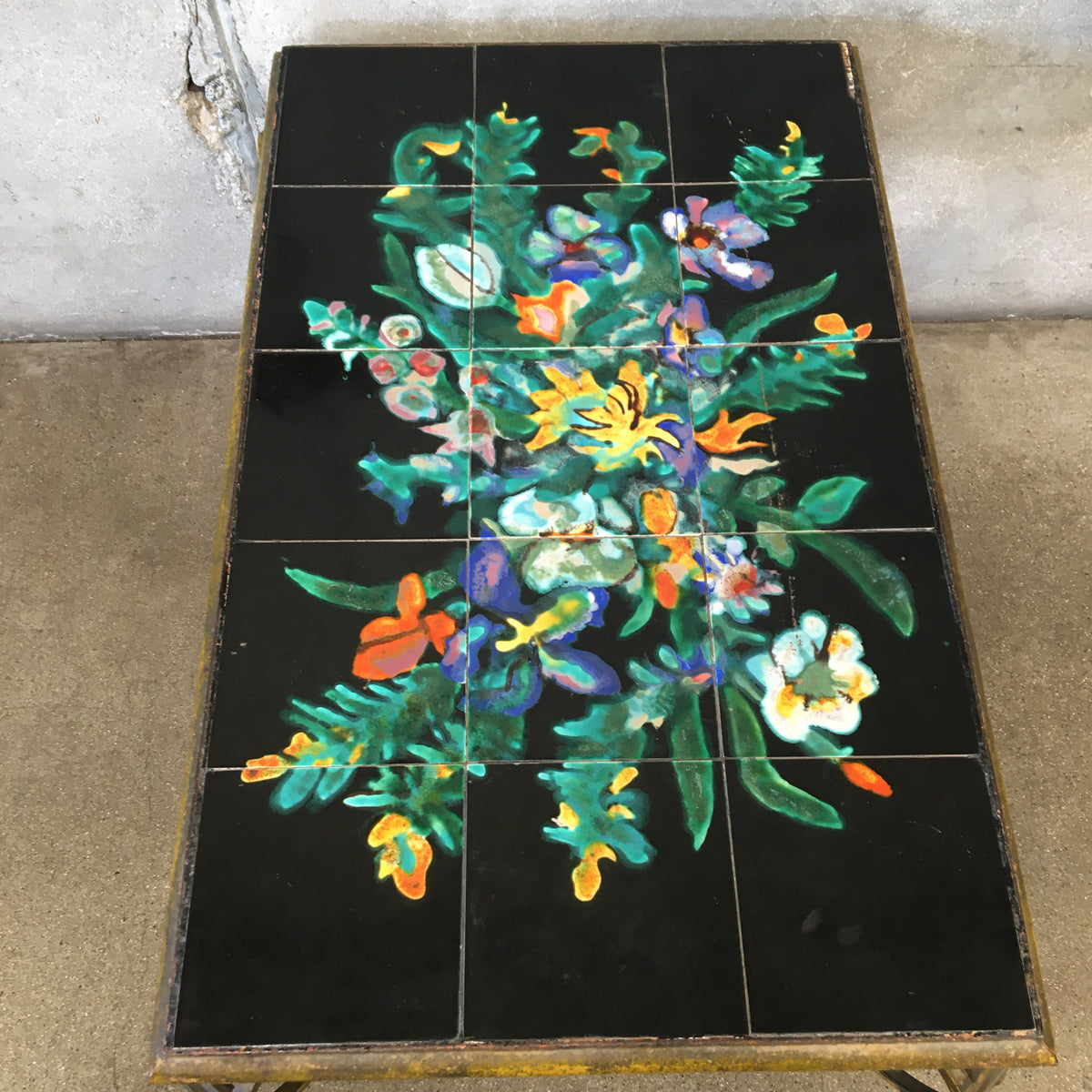 Antique Circa 1920 Wrought Iron Coffee Table With Signed Hand Painted Tile Top