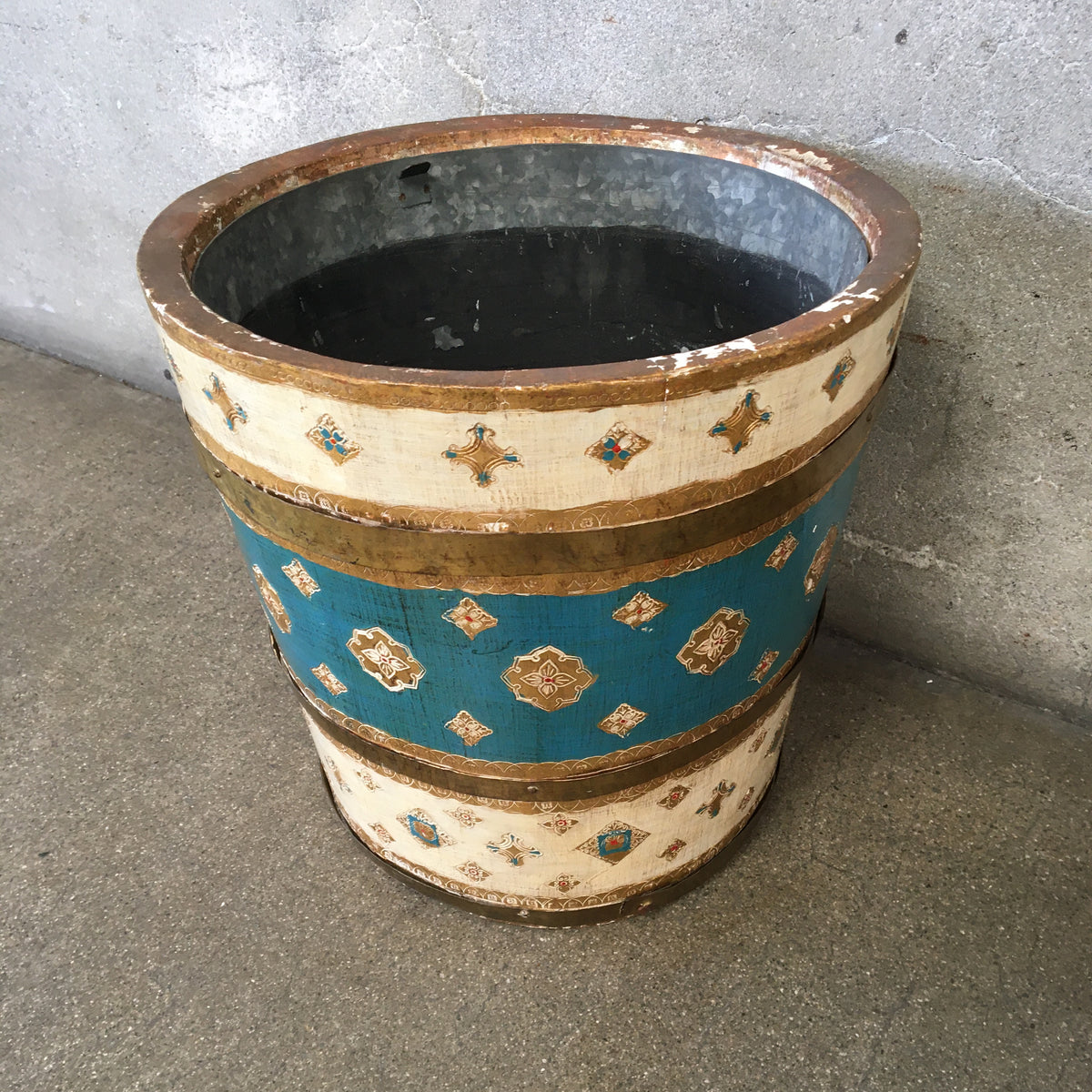 Large Vintage Florentine Waste Bucket with Metal Straps and Tin Liner