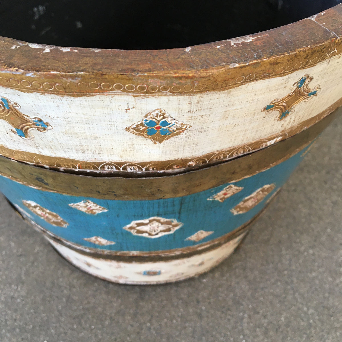 Large Vintage Florentine Waste Bucket with Metal Straps and Tin Liner