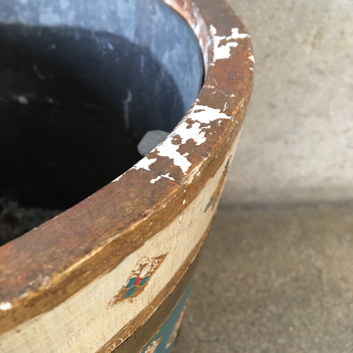 Large Vintage Florentine Waste Bucket with Metal Straps and Tin Liner