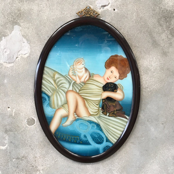 Antique Reverse Painting on Glass With Cat & Puppy