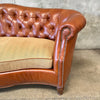 Vintage Brown Leather & Fabric Camelback Tufted Chesterfield Sofa