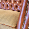 Vintage Brown Leather & Fabric Camelback Tufted Chesterfield Sofa