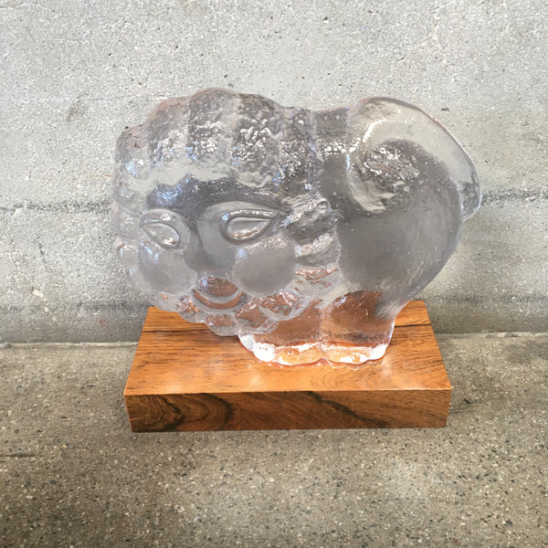 Skruf Glass Lion Sculpture on Wood Base by Lisa Larson
