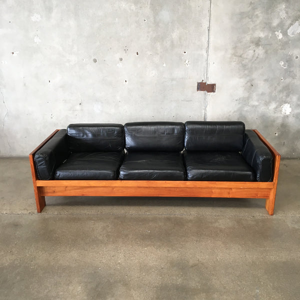 Mid Century Leather & Wood Framed Sofa