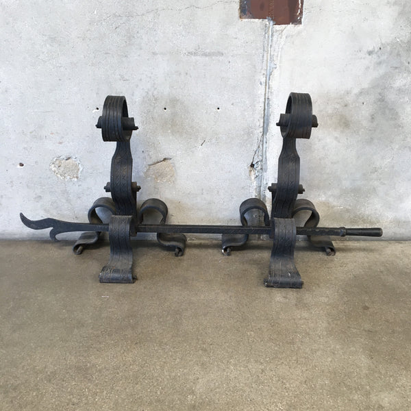 Vintage Large Forged Wrought Iron Andirons