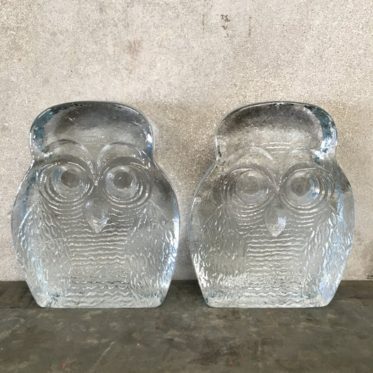 Pair of Vintage Blenko Clear Glass Owl Bookends
