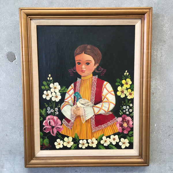 Oil Painting by Agapito Labios - Girl with Flowers & Bird