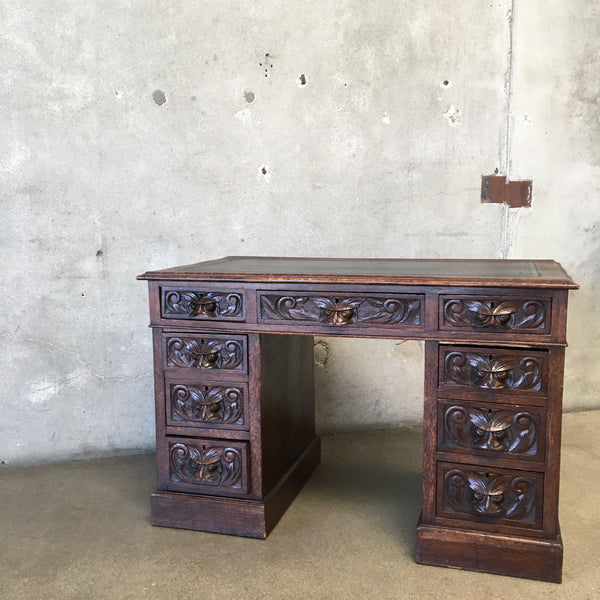 Antique Late 19th Century Flemish Carved 9 Drawer Desk