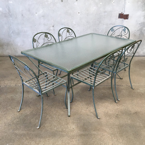 Wrought Iron Rectangular Glass Top Table & Set of Six Chairs Set