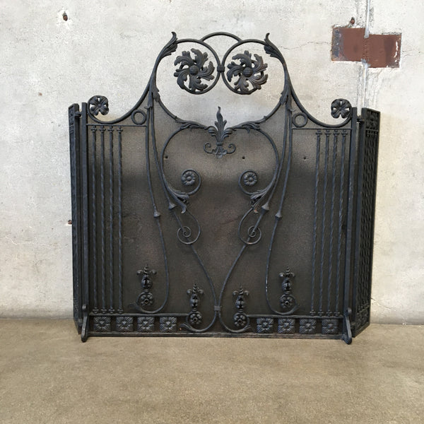 1920s Forged Iron Fire Screen - Three Panel With Elaborate Wrought Iron