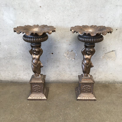 Pair of Vintage Iron Cherub Flower Stands