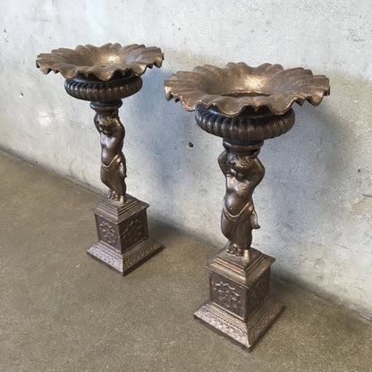 Pair of Vintage Iron Cherub Flower Stands