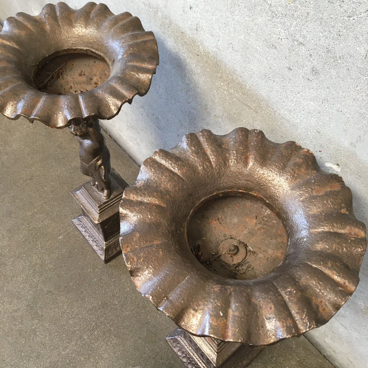 Pair of Vintage Iron Cherub Flower Stands