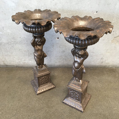 Pair of Vintage Iron Cherub Flower Stands