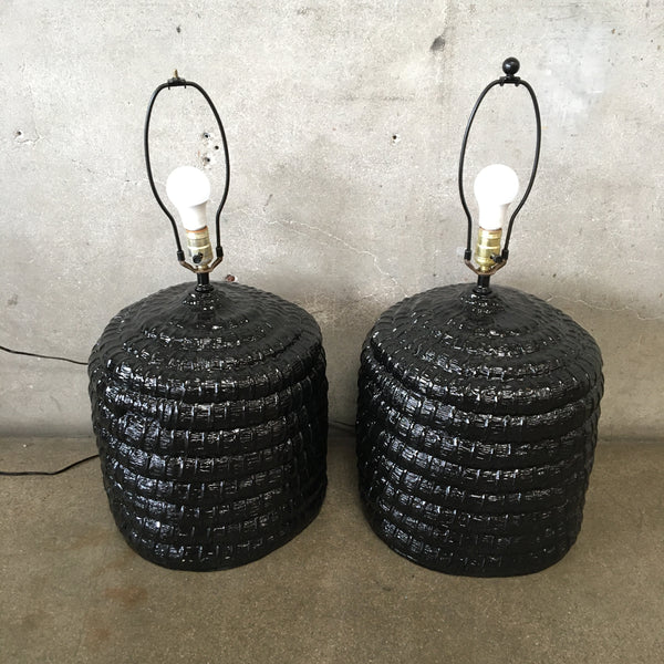 Pair Of Black Ceramic Faux Rattan Table Lamps