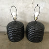 Pair Of Black Ceramic Faux Rattan Table Lamps