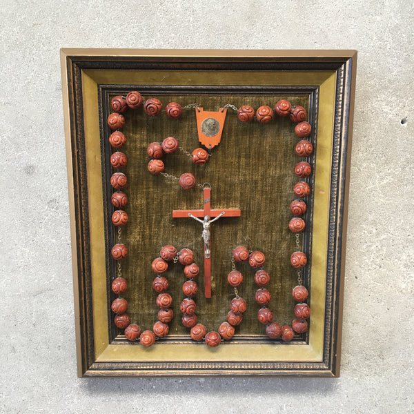 Antique Carved Rosary in 1940's Wood Frame