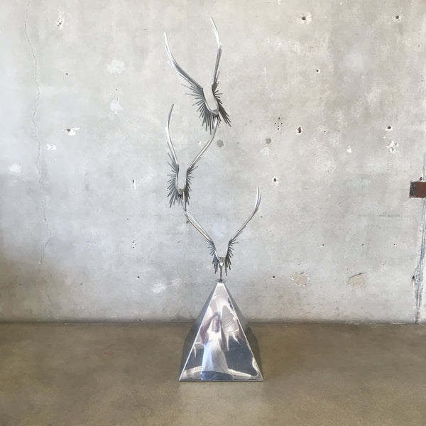 Signed Curtis Jere "Birds At Flight" Chrome Metal Sculpture With Original Base