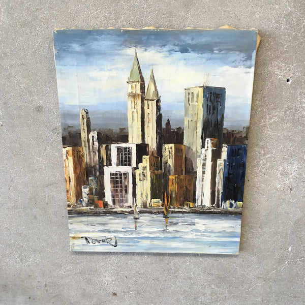 Mid Century Modern Painting Cityscape Oil on Canvas by "Peter"