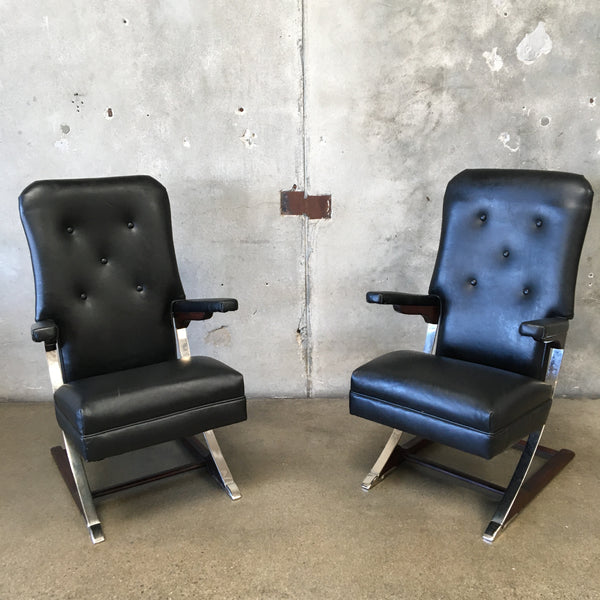 Pair of 1950 Rock-a-Chairs Leather Chrome and Wood, Extremely Comfortable