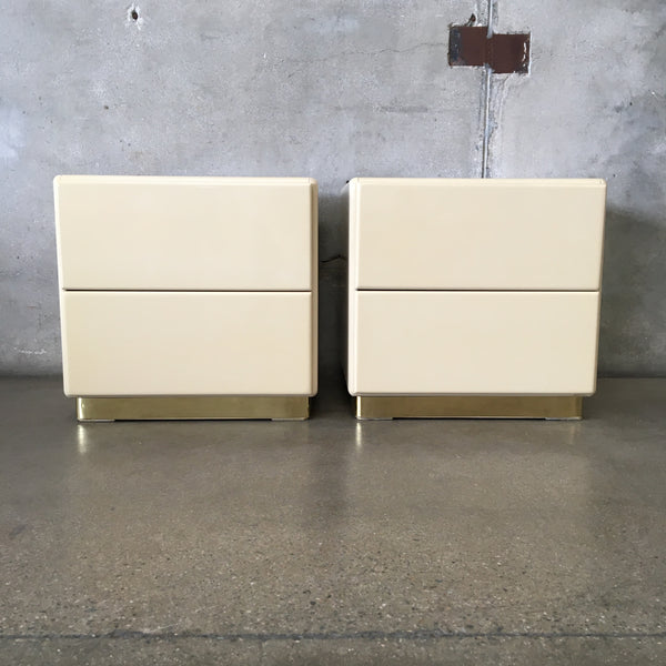 Pair Vintage Post Modern Cream Lacquer Nightstands