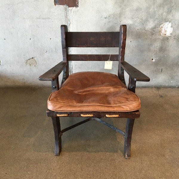 Early Monterrey 1930s Rope Seat Chair & Leather Cushion - Old Wood Finish