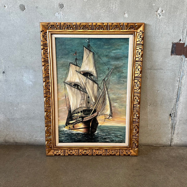 1967 Doris Sargent Painting of A Sailboat In A Brutalist Gold Frame