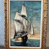 1967 Doris Sargent Painting of A Sailboat In A Brutalist Gold Frame