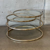 Milo Baughman Style Three Tier Swivel Glass & Gold Tone Metal Tube Coffee Table