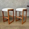 Vintage Pair of Oak Barstools With Chenille Upholstery