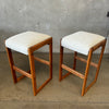 Vintage Pair of Oak Barstools With Chenille Upholstery