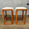 Vintage Pair of Oak Barstools With Chenille Upholstery