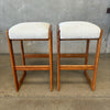 Vintage Pair of Oak Barstools With Chenille Upholstery