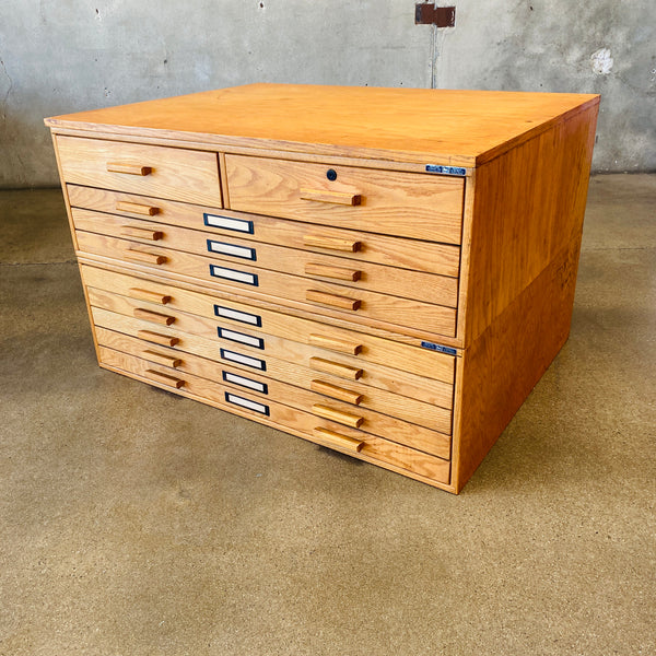 1950s Vintage Mayline Flat File Cabinet Two Stack Ten Drawer Solid Oak