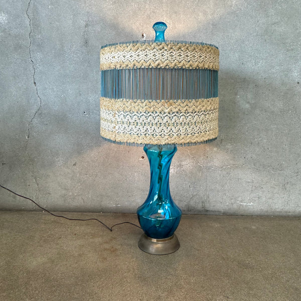 Mid Century Modern Glass Table Lamp With Original Shade & Finial Circa 1960-70s