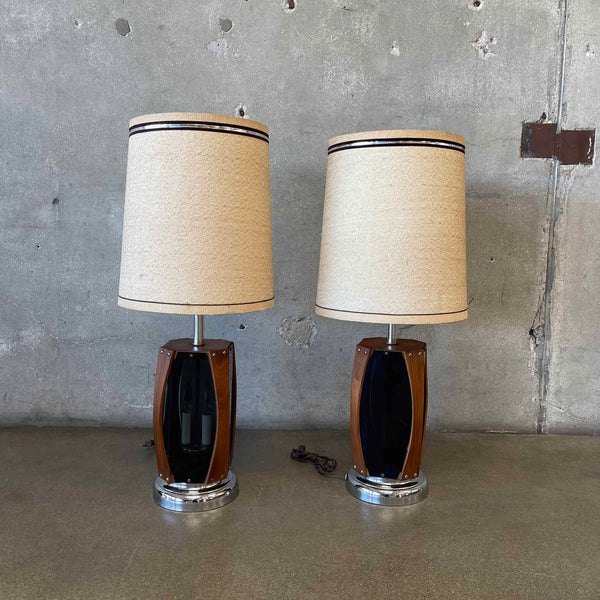 Pair of Mid Century Walnut & Smoked Plexiglass Lamps