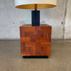 Large Walnut Parquet Mid Century Cube Lamp