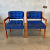 1970's Solid Teak Armchair With Nubby Blue & Black Original Upholstery