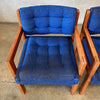 1970's Solid Teak Armchair With Nubby Blue & Black Original Upholstery