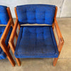 1970's Solid Teak Armchair With Nubby Blue & Black Original Upholstery