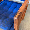 1970's Solid Teak Armchair With Nubby Blue & Black Original Upholstery