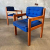 1970's Solid Teak Armchair With Nubby Blue & Black Original Upholstery