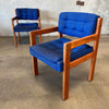 1970's Solid Teak Armchair With Nubby Blue & Black Original Upholstery