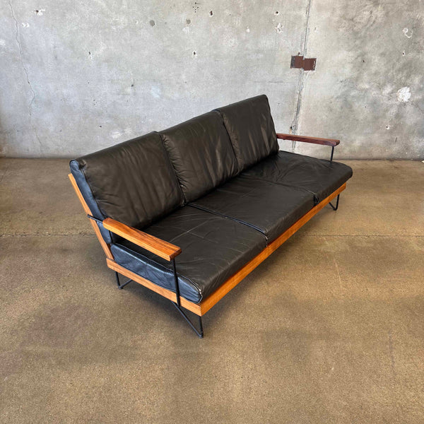 California Modern Iron, Wood and Leather Sofa, 1950s